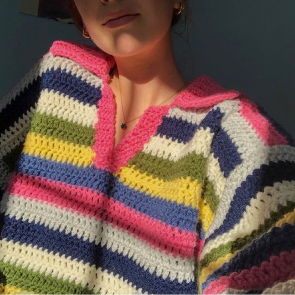 CHUNKY CROCHET MULTICOLOR PULLOVER SWEATER WITH COLAR. MADE TO ORDER; HANDMADE.